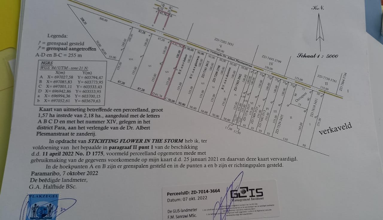 Perceelland : 1,57 ha instede van 2,18 ha. aangeduid met de letters A B C D en het nummer X1V, gelegen in het district Para, aan het verlengde van de Dr. Albert Plesmanstraat te zanderij. Verkoopprijs : 15.000 Euro