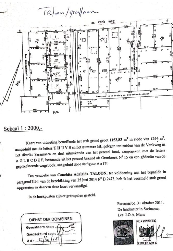 Perceel van 1153,83 m2 instede van 1294 m2, aangeduid met de letters T H U V S en het nummer 111, gelegen ten zuiden van de vankweg in het district Saramacca.