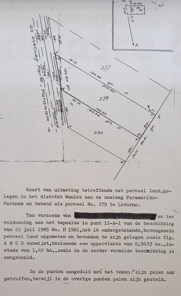 Perceel van 0.9433 ha, instede van 1,42 ha aangeduid met de letters A B C D, gelegen in het district Wanica aan de snelweg Paramaribo- Paranam, Livorno.