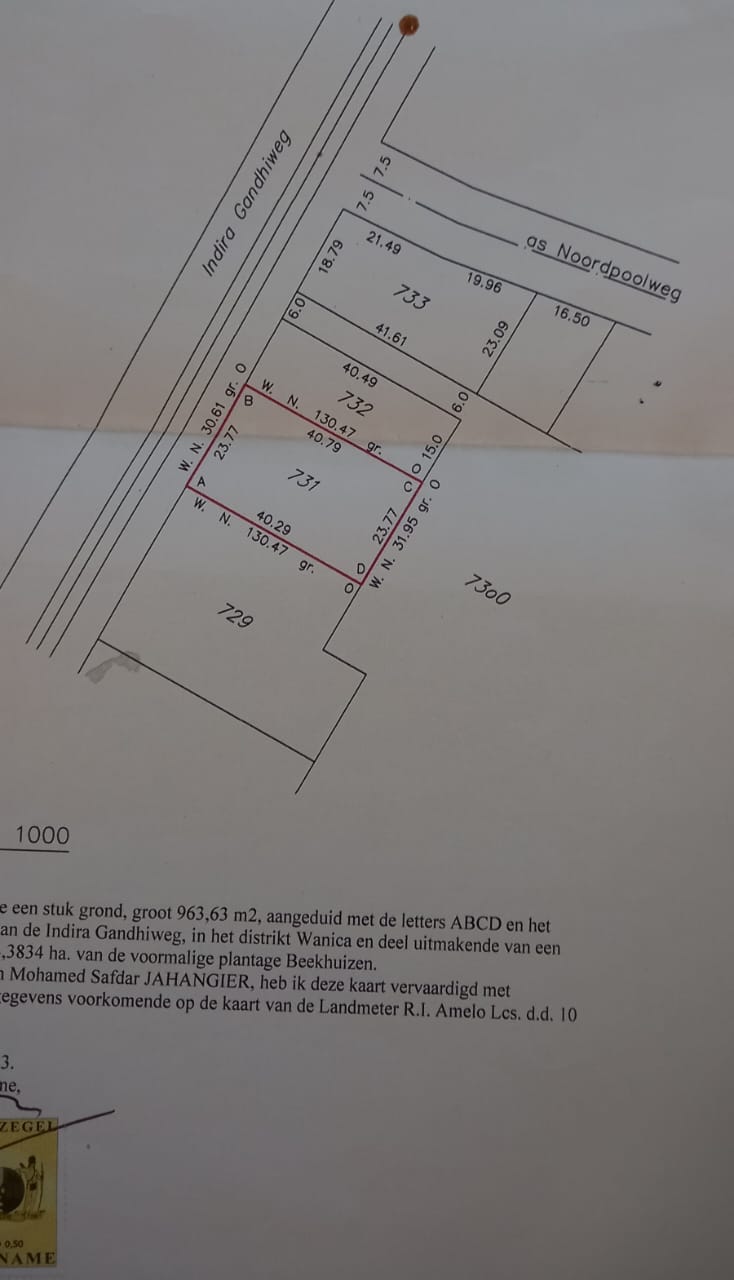 Perceel van 963,63 m2, aangeduid met de letters ABCD en het nummer 731, Gelegen aan de Indira Ghandiweg , in het district Wanica.