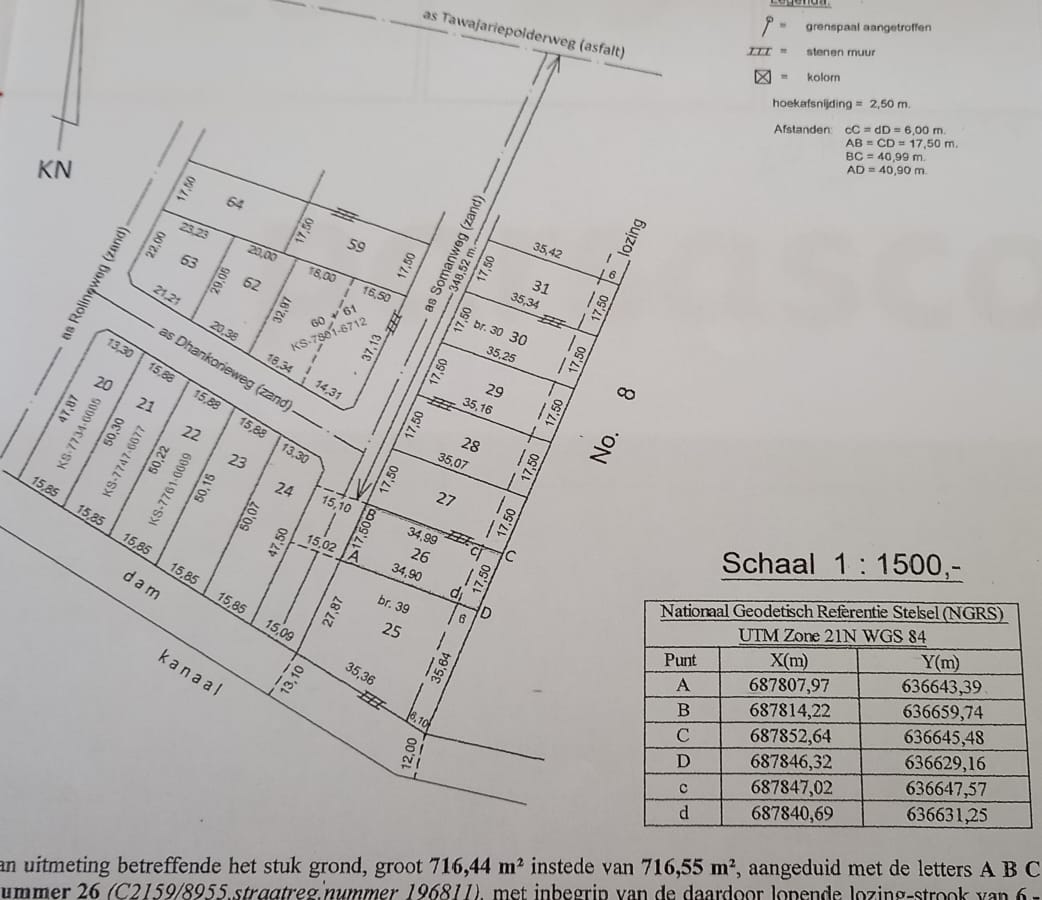 Perceel van 716,44 m2 instede van 716,55 m2, aangeduid met de letters ABCD en het nummer 26, Gelegen in het district Wanica, aan de Somanweg , welke deel uitmaakt van Tawajariepolder Noord.