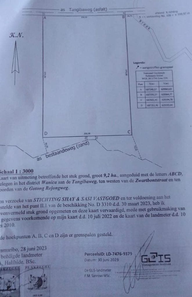 Perceel van 9,2 ha. aangeduid met de letters ABCD, gelegen in het district Wanica aan de Tangibaweg