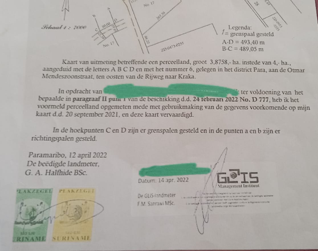 Perceel van 3,8758 ha. , aangeduid met de letters ABCD en met het nummer 6, gelegen in het district Para, aan de Otmar Mendeszoonstraat, ten oosten van de Rijweg naar Kraka