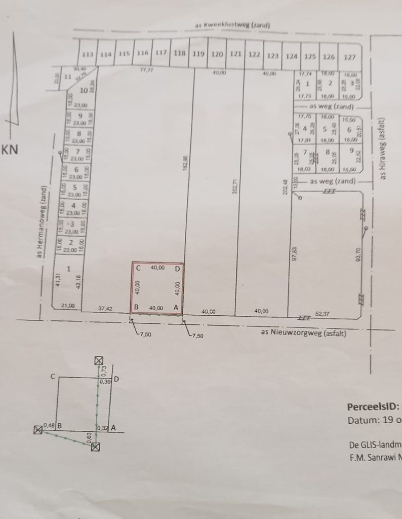 Perceel van 1599,90 m2 instede van 1600 m2, aangeduid met de letters ABCD, gelegen in het district Paramaribo, aan de Nieuwzorgweg, bekend als afdeling Pad van Wanica West Sectie Nieuwzorg No.486.