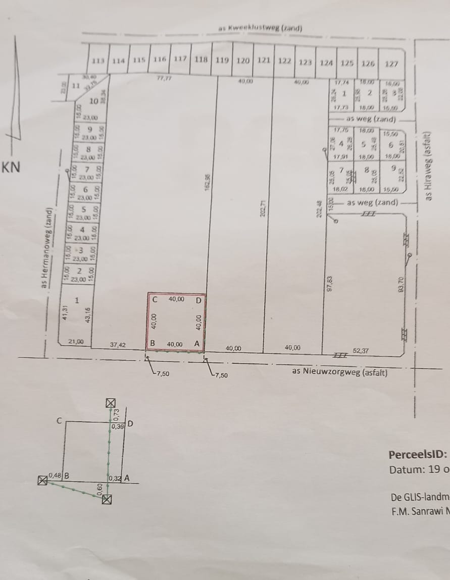 Perceel van 1599,90 m2 instede van 1600 m2, aangeduid met de letters ABCD, gelegen in het district Paramaribo, aan de Nieuwzorgweg, bekend als afdeling Pad van Wanica West Sectie Nieuwzorg No.486.