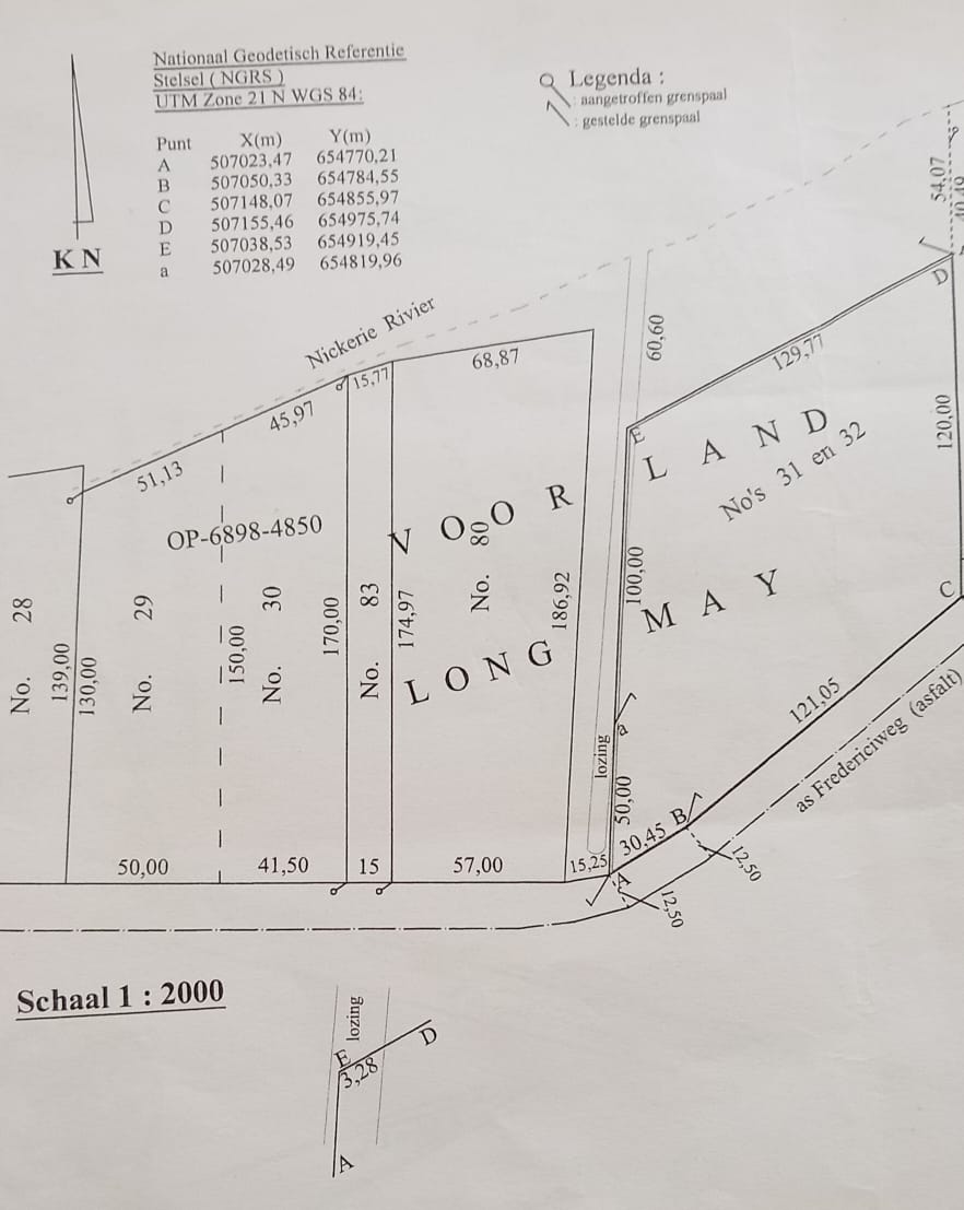 Perceel van 1,5704 ha instede van 1,5885 ha aangeduid met de letters ABCDE en Gelegen in het district Nickerie te Longmay aan de Fredericiweg.