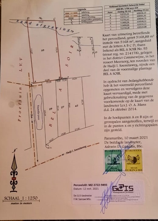 Perceel van 5168,88 m2 instede van 5168 m2, aangeduid met de letters ABCD, Gelegen in het district Commewijne in het ressort Meerzorg.