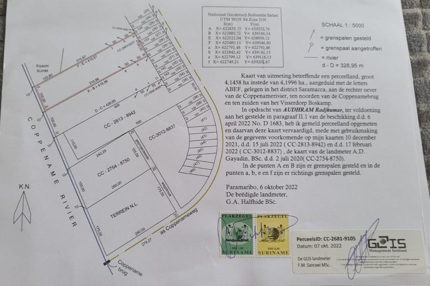 Perceel van 4,1458 ha instede van 4,1996 ha. , aangeduid met de letters ABEF, gelegen in het district Saramacca, Boskamp.